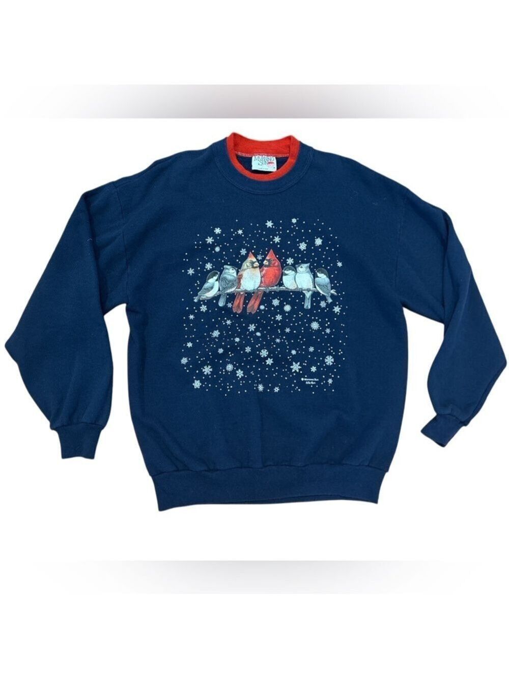 80s MORNING SUN NAVY & RED SNOW FLAKE & RED CARDINALS GRAPHIC SWEATER SHIRT SZ L
